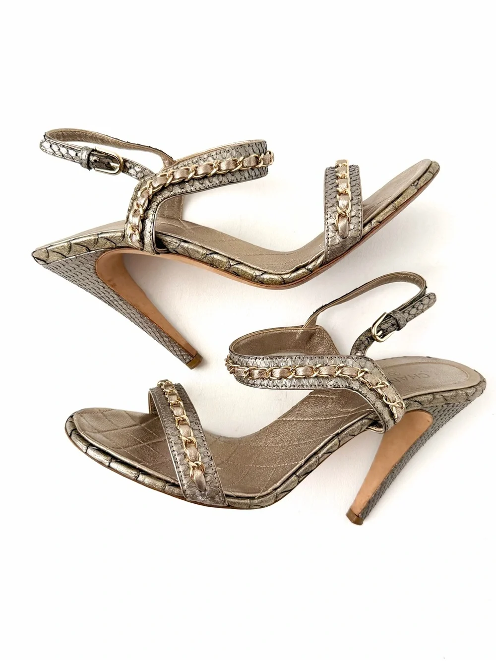 CHANEL | Gold Bronze Python CC Logo Chain Ankle Strap High Heel Sandals EU 41
